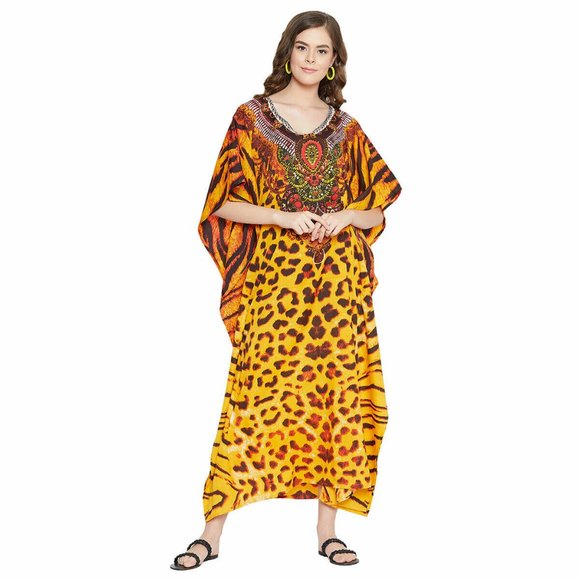 Gypsie Blu Leopard Printed Caftan Dress Moo Moos Maxi Cover Up Dresses for Women - Picture 4 of 8